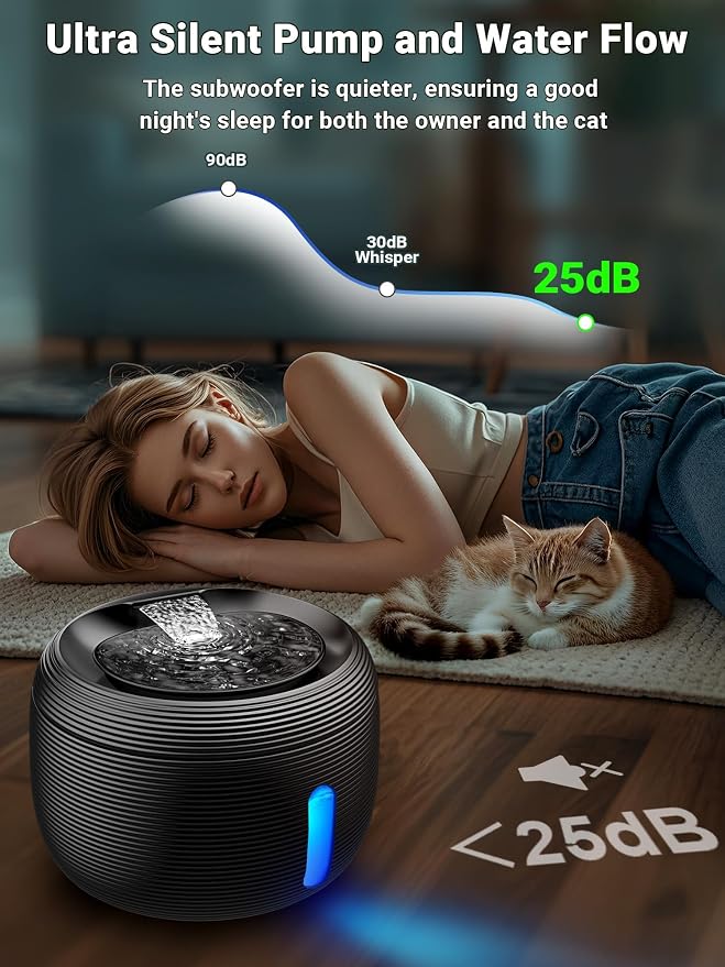 Kastty 3.5L/118oz Large Capacity Cat Water Fountain for Cats Indoor FS77 | Ultra Quiet Pet Water Fountains Water Level LED Light Multi-Filtration BPA-Free, Automatic Cat Fountain Easy Cleaning (Black)
