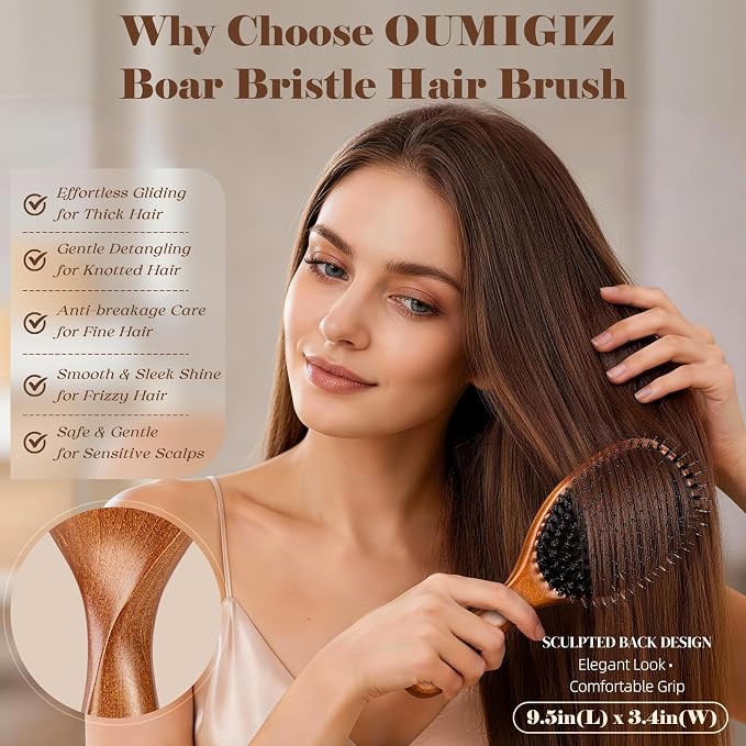 Boar Bristle Hair Brush Since 1965 British Craftsmanship Handmade | Natural Wood Slick Back Hairbrush, Gentle Detangling Women Men Kids Curly Thick Fine Frizzy Hair, Smoothing Styling Brush
