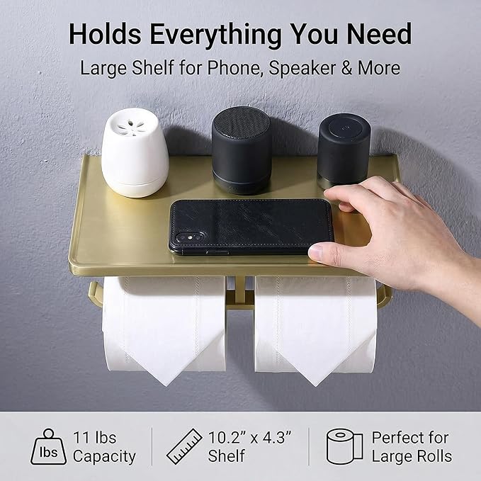 Dual Roll Toilet Paper Holder with Phone Shelf, Solid Metal Bathroom Accessory Tissue Dispenser Storage Wall Mounted, Spot Resist, Brushed Gold