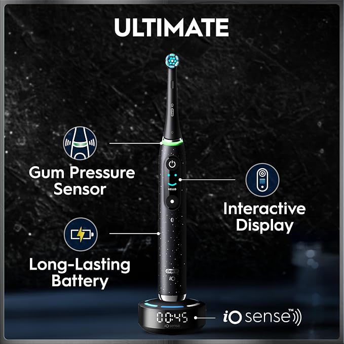 Oral-B Rechargeable Electric Toothbrush, iO10 Ultimate Clean, 7 Cleaning Modes, Interactive Display, iSense Charger, Charging Travel Case, 4 Brush Heads, Rechargeable Toothbrush, Black