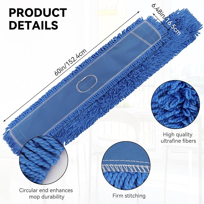 60 Inch Commercial Dust Mop Head: Replacement Medium Washable Industrial Mop Head Sweeper and Janitorial Replacement Blue