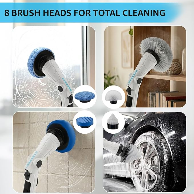 Electric Spin Scrubber, 3-Speed Adjustable Head Shower Bathroom Scrubber | 8 Replaceable Heads, 54" Extendable Long Handle, IPX6 Waterproof, Shower Cleaner Brush, Cordless for Tub Grout Tile Floor Car