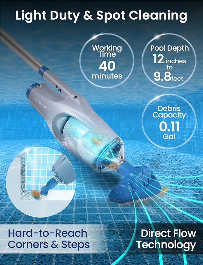 KOKIDO Cordless Handheld Pool Vacuum for Above Ground Pool, with 6ft Pole and 2 Vac Brush Heads, Ideal for Spot Cleaning Small Inground Pool Spa up to 20ft, Rechargeable, 60min, Sand and Light Debris