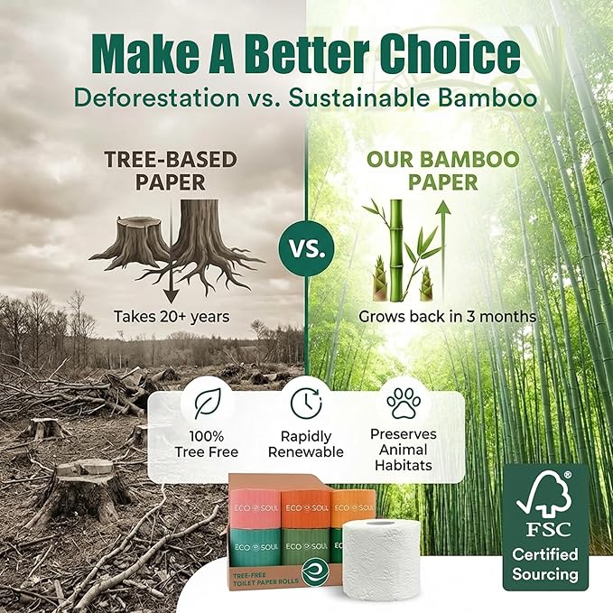 Eco Soul Premium Bamboo Toilet Paper 3 Ply | 24 Mega Rolls | 300 Sheets Each | FSC Certified Hypoallergenic, Textured & Skin-Friendly Septic-Safe Soft Bathroom Tissue Eco-Friendly Chemical & Dye Free