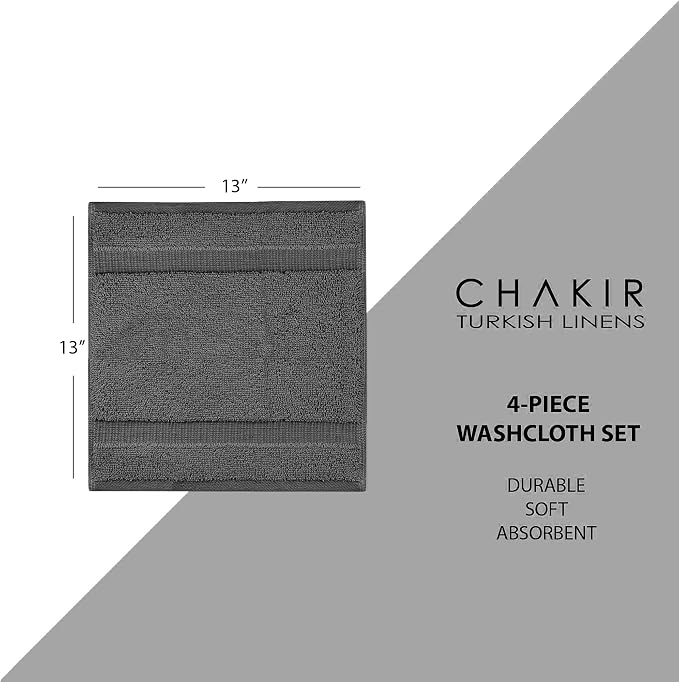 Chakir Turkish Linens 4 Piece Washcloth Set, 100% Cotton Luxury Turkish Washcloths for Bathroom, Soft Absorbent Washcloths, 13 x 13 Inches, Dark Gray