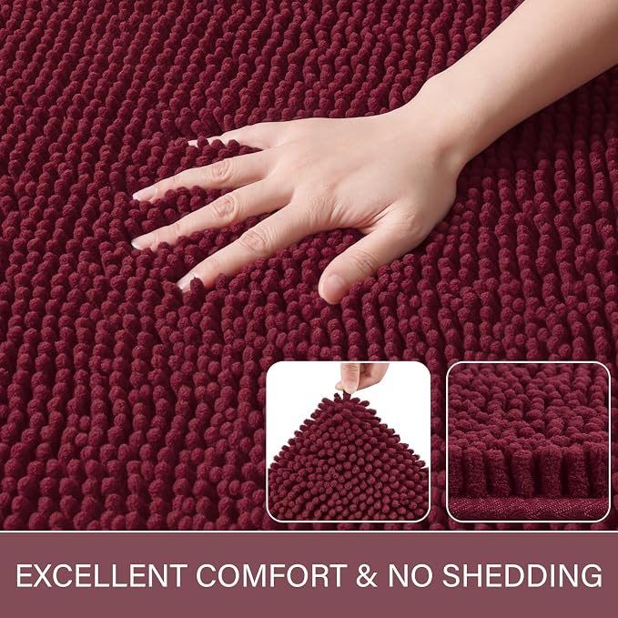 LOCHAS Luxury Bathroom Rug Shaggy Bath Mat 24 x 60 Inch, Burgundy | Washable Non Slip Bath Rugs for Bathroom Shower, Soft Plush Chenille Absorbent Carpets