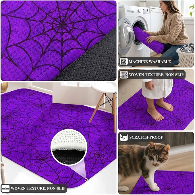 Entryway Rug Indoor Outdoor 31.5"x47.2", Purple Halloween Absorbent Non Slip Floor Mat, Black Spiders Net Classic Gingham Low-Profile Welcome Mats for Front Door Patio Mudroom Garage Entrance