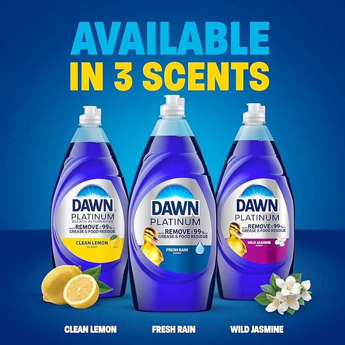 Dawn Platinum Dish Soap, Fresh Rain Scent Liquid Dishwashing Detergent, Powerful Dawn Dish Soap for Tough Grease Removal, 13 oz