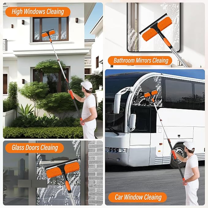18FT High Window Cleaning Kit with Pole,2 in 1 Window Squeegee,3-12FT Professional Window Clean Pole Kit,2 Squeegee & 2 Microfibre Cloths,180°Rotatable Squeegee for Indoor/Outdoor High Windows