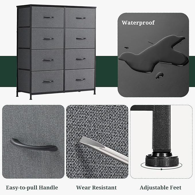8-Drawer Dresser for Bedroom, Anti-Tip Tall Storage Organizer Chest of Drawers with Wooden Top and Metal Frame Fabric Bins for Closet, Living Room, Hallway, Entryway, Gray