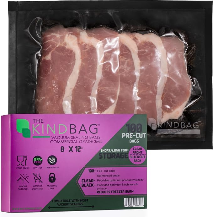 The Kind Bag Vacuum Seal Bags for Food Storage, 8x12 Inch 100 Pack, Pre-Cut 3mil Commercial Grade, Black Back Clear Front, BPA Free, Airtight and Freezer Safe, Prevents Freezer Burn