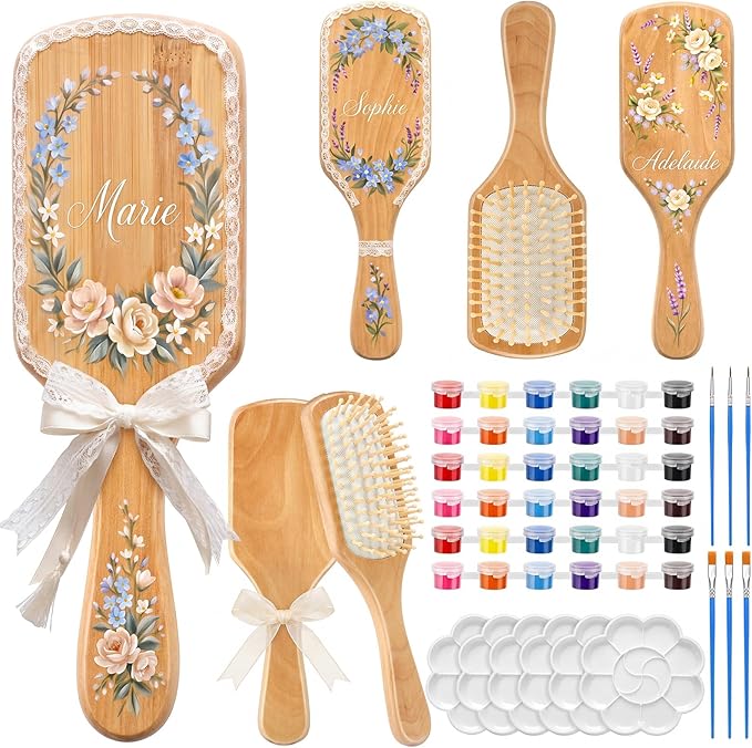 Meanplan 6 Set DIY Wooden Hairbrush Painting Kits Make Your Own Hair Brush Girls Hand-Painted Hairbrush Night Party Supplies with Paint Brush and Palette for DIY Gift Party Crafts