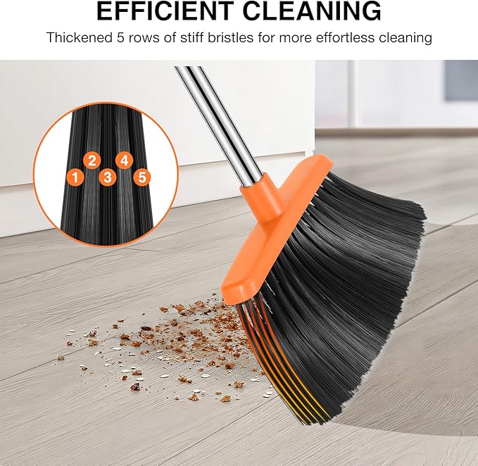 NACENA Broom and Dustpan Set, 52-in Long Adjustable Handle Broom Dustpan Combo with Dust pan Teeth to Automatically Clean Hair Suitable for Home Kitchen Office Hall Floor (Black&Orange), 2 Pack