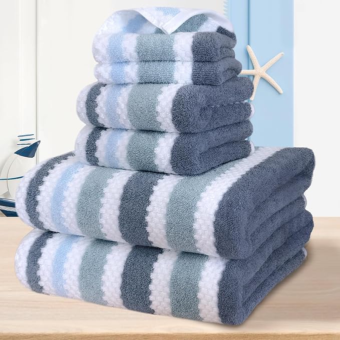 VOOVA & MOVAS Stripe 6PC Towel Set, Cotton Blend, Blue Gray White | 2 Bath 30x56 In, 2 Hand 16x27 In,2 Washcloths 13x13 In, Quick Dry, 540GSM, With Hanging Loops