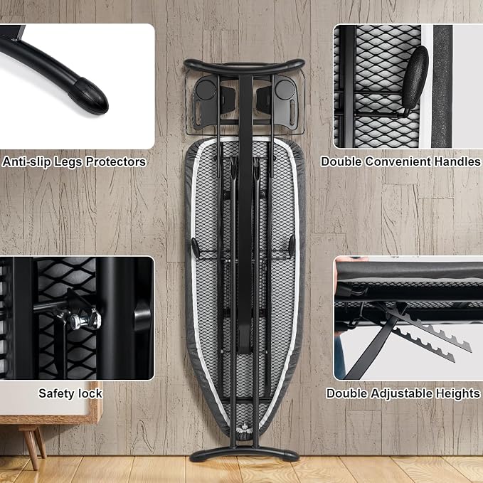 Duwee 17"x46" Ironing Board Full Size,Deluxe Ironing Board with Iron Rest | Heat Resistant Cover and Thicken Felt Pad, Adjustable Height,Heavy Sturdy Legs,Black