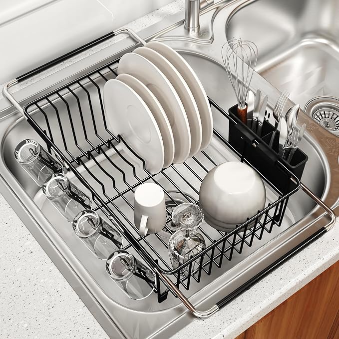 Dish Drying Rack Over The Sink with Utensil Holder | Expandable Stainless Steel Dish Drainer for Small Kitchen, Apartment, RV, Counter Space Saving, Perfect Fit, Rustproof