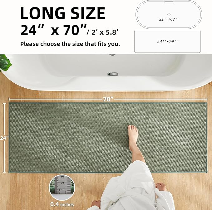 TYUU Bathroom Runner Rugs, Long Bath Mat Runner Washable Thin Quick Dry Low Pile Bathroom Runner Rugs Non Slip, Sage Green 24"x70"