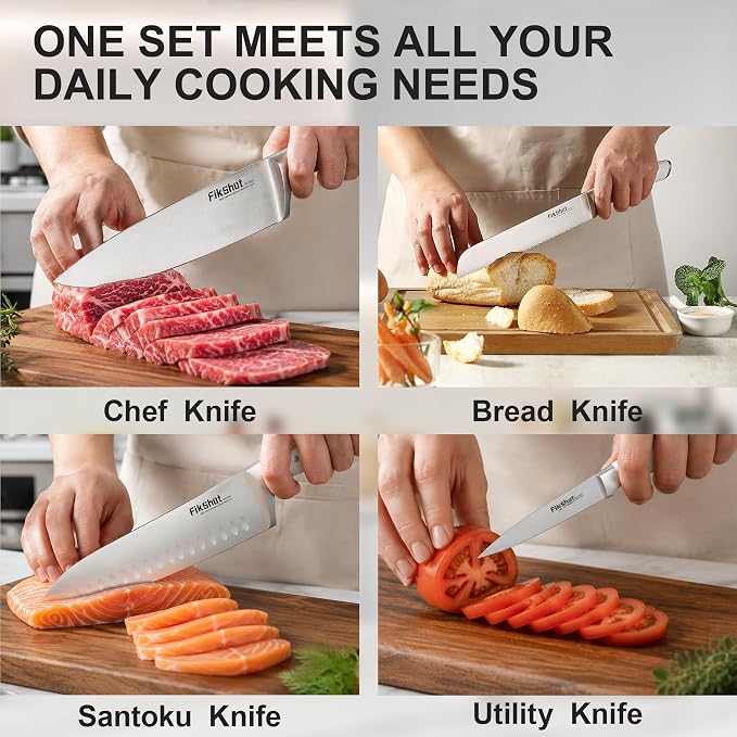 Fikshot 14-Piece Knife Set – German High Carbon Stainless Steel, White | Professional Chef Knives with Block & Sharpener, Dishwasher-Safe, Modern Kitchens, Ideal Gift for Chef & BBQ Festival