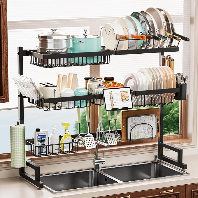 ADBIU Over Sink Dish Drying Rack (Expandable Height/Length) Snap-On Design Large Dish Drainer Storage Counter Organizer 32-40L x 12W x 34-38H (inches)