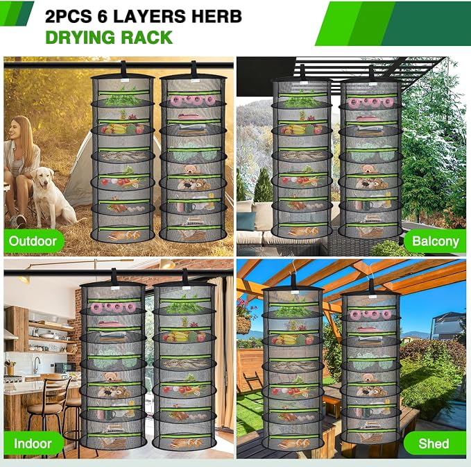 Yesker 6 Layer Herb Drying Rack Hanging Mesh Net Foldable Plant Drying Racks 24" w Green Zipper Pruning Shears Dryer Hanging Rack for Herbs Seed Bud Fruit Clothes Grow Tent Closet Garden Outdoor 2 PCS | 24" w Green Zipper Pruning Shears Dryer Hanging R...