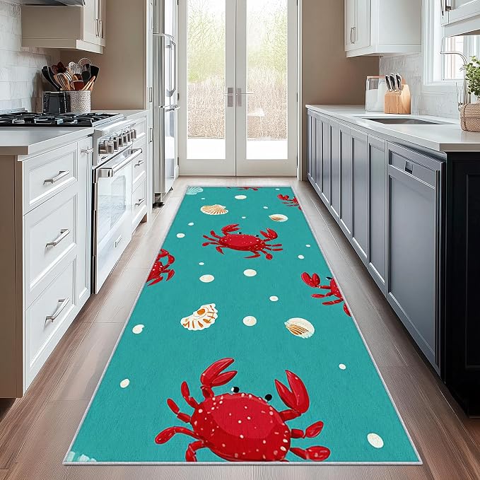 3x8 Kids Crab Runner Rug for Hallway, Washable Marine Life Rug Runner Non Slip, Nautical Seashell Home Decor Carpet for Kitchen, Bedroom, Entryway, Laundry Room, Ultra Thin Soft H265