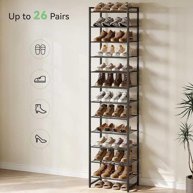 Nunsino Narrow Shoe Rack, 12-Tier Metal Shoe Organizer,Tall Shoe Shelf with Anti-Tip Strap, Max Holds 26 Pairs,Space Saving for Closet,Entryway,Black
