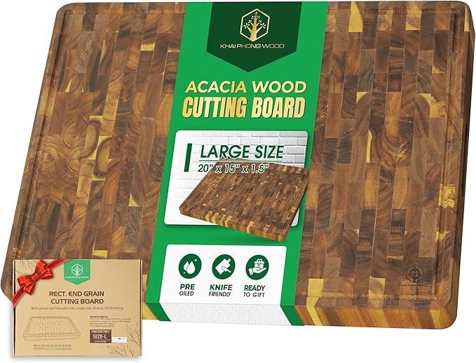 End Grain Acacia Wood Cutting Boards for Kitchen, 1.5 in Thick Butcher Block Construction for Stability, 20 x 15 in Large Cutting Boards with Gift Box, Juice Groove and Handle