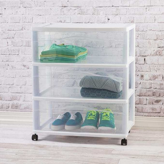 Sterilite 2-Pack Wide 3-Drawer Cart, Storage Closet Organizer with Wheels, White - Plastic Drawers and Containers for Bedroom, Cabinet, Clothes, Dresser, and Kitchen Pantry Organization