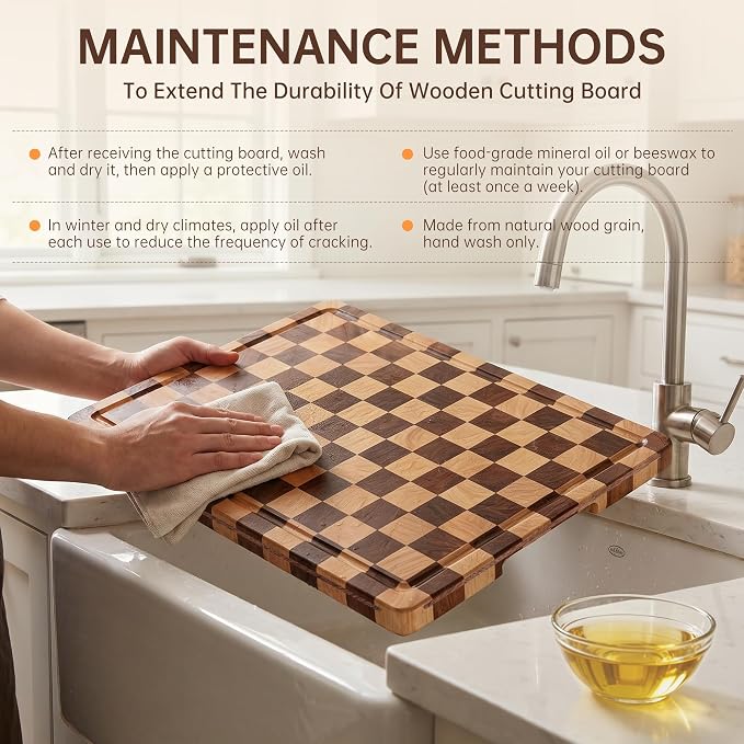 Cutting Boards for Kitchen, Checkered Wooden Chopping Board Structural Upgraded, Walnut Cutting Board with Juice Grooves & Handles, Butcher Block Serving Tray with Gift Box, 17"X 12"X 0.8"