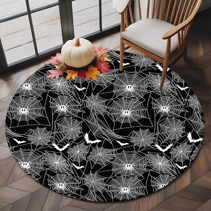 6 Ft Round Rug for Living Room, Halloween Indoor Accent Rugs for Apartment, Black Scary White Bat Animal Net Geometric Decorative Circle Carpet Washable Low Pile Non Slip, Soft Rug for Bedroom