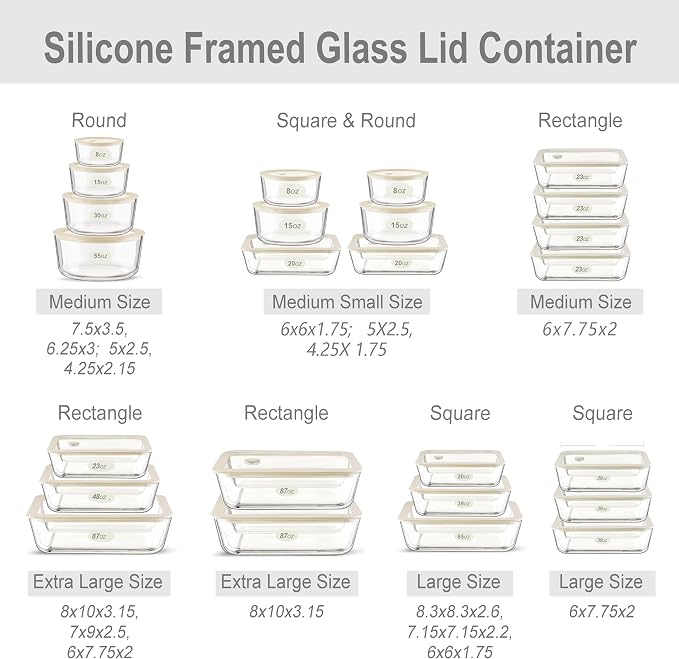 Glass Food Container Set with Glass Lid, 4 Pack, Food Storage Containers Set, Airtight, LeakProof, 100% Plastic Free, Meal Prep Containers (White Color)