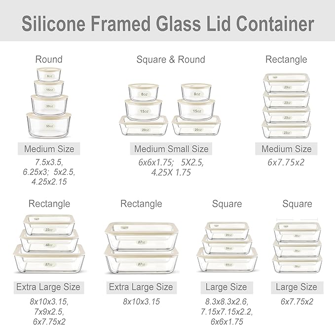 Glass Food Container Set with Glass Lid, 4 Pack, Meal Prep Containers with Silicone Framed Airtight Lid, Leakproof, 100% Plastic Free,
