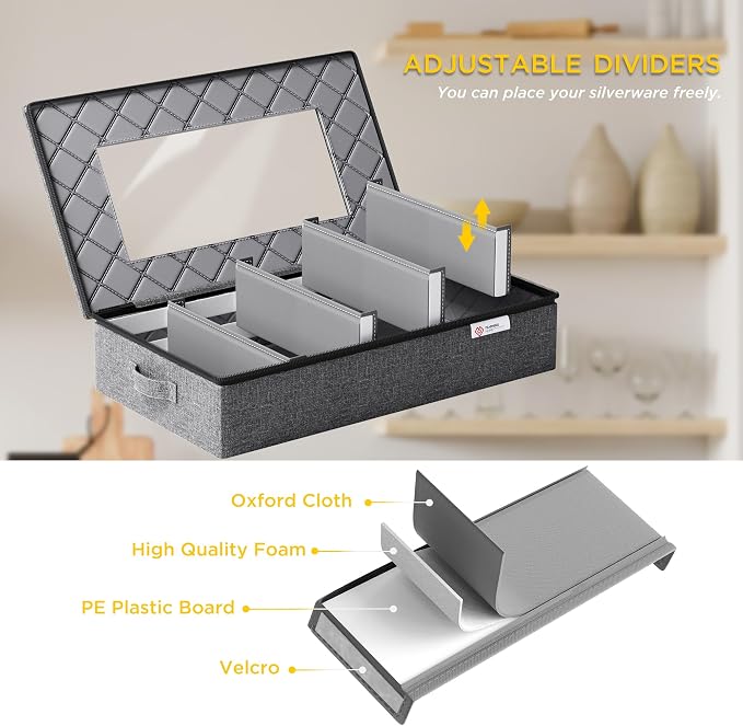 Silverware Storage Box,Hard Shell Flatware Organizer with Lid and Zipper,Utensil Storage with Clear Window and adjustable Divider for Spoons,Forks.Knives,Grey