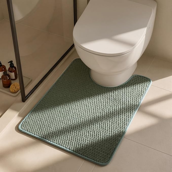 Triohero Toilet Rug, Thin Toilet Rugs U Shaped Washable Non Slip Absorbent Quick Dry Low Pile Toilet Mat, Sage Green 20"x24" U Shape