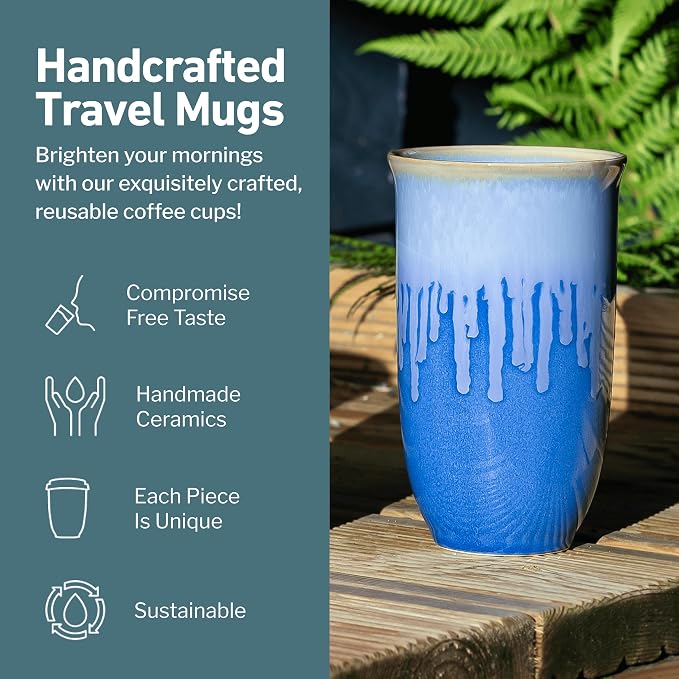 NOVA CERAMICS Ceramic Tumbler– Blue Ceramic Mug – Microwave & Dishwasher Safe Coffee White & Orange Tumbler - Leak-Proof Coffee Travel Mug – 16oz – Neptune