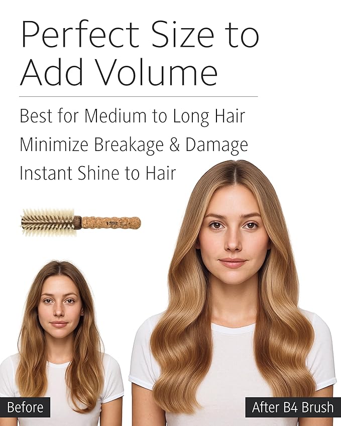 Ibiza Hair Boar Bristle Round Brush (B4-65mm) | Blonde Bristles & Cork Handle | Ideal for Color Treated Tresses | Crown Volume | Adds Shine & Texture for Medium to Long Styles