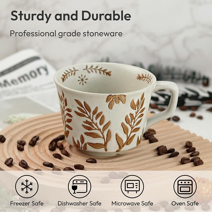 11 oz Ceramic Coffee Mug, Stoneware Teacup with Handle | Small Novelty Unique Cup for Tea Mocha Latte Cappuccino, Microwave Dishwasher Safe (Set of 2, Ivy and Leaf)