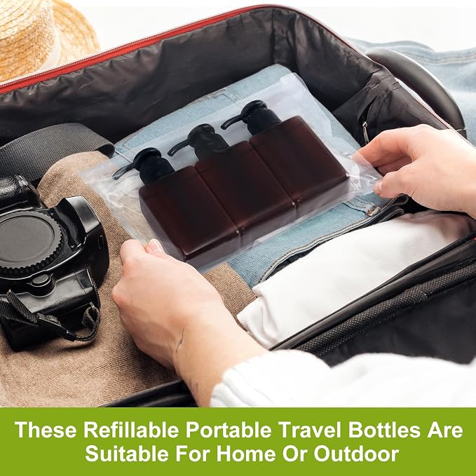 Domensi 12 Pcs 100ml /3.4 oz Pump Bottle Mini Travel Bottles Small Dispenser Containers Plastic Pump Lotion Dispenser Empty Square Travel Size Containers Toiletries (Brown)
