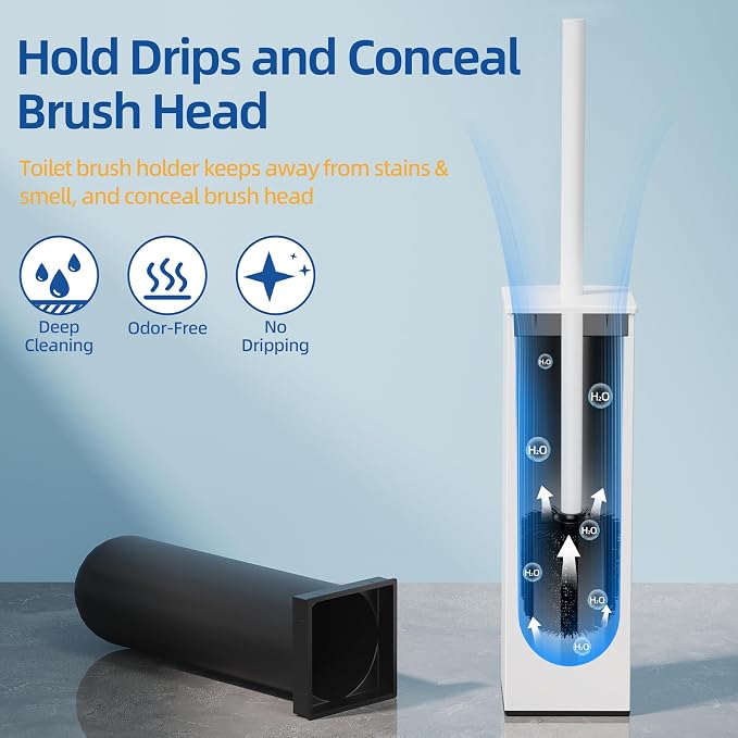 RUACQ Toilet Brush and Holder Set 2pcs,Square Toilet Bowl Brush for Bathroom with 304 Stainless Steel Handle Toilet Cleaner Brush with Durable Scrubbing Bristles,Splash-Proof (White)