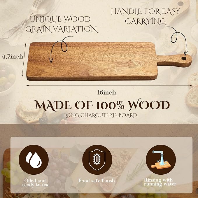 Nuenen 6 Pcs Wood Cutting Board with Handle 16.1 x 4.7 Inch Acacia Bamboo Wooden Serving Kitchen Chopping Boards for Pizza, Bread, Cheese, Charcuterie, Fruit, Vegetables(Narrow Acacia)