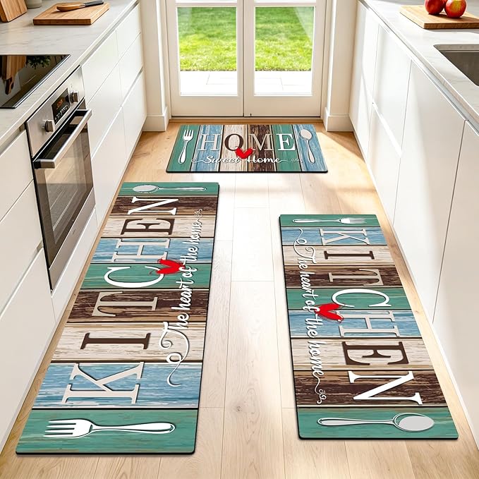 Kitchen Rugs Set 3 Piece, Non Slip Kitchen Mats for Floor, Soft Fabric with Rubber Backing, Farmhouse Anti Fatigue Runners Carpet for Home Kitchen Laundry Room Hallway (Rustic Teal Brown)