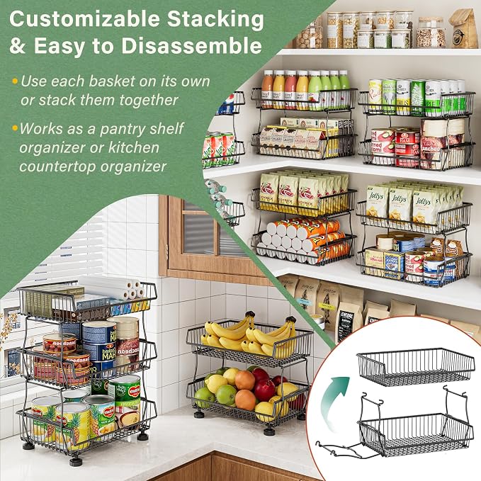 OKZEST Pantry Organizers and Storage Cart with Upgraded Metal Hub Casters | Fits under pantry shelf, Stackable fine-mesh wire baskets, 3-Tier rolling cart holds drink, snack, can, potato, onion, fruit