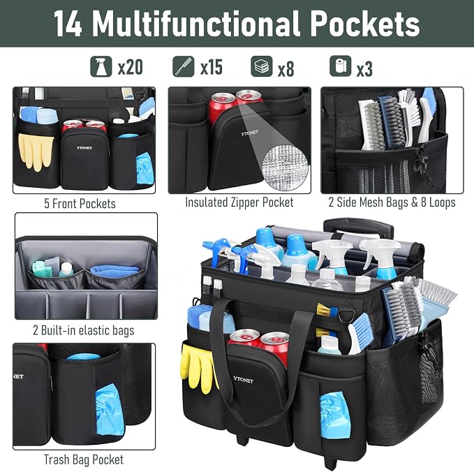 Ytonet Cleaning Caddy with Wheels, Large Rolling Cleaning Caddy Bag with Detachable Trolley for Housekeepers, Water Resistant Cleaner Supplies Organizer with Wheels for Kitchen, Car, Tool Organizer