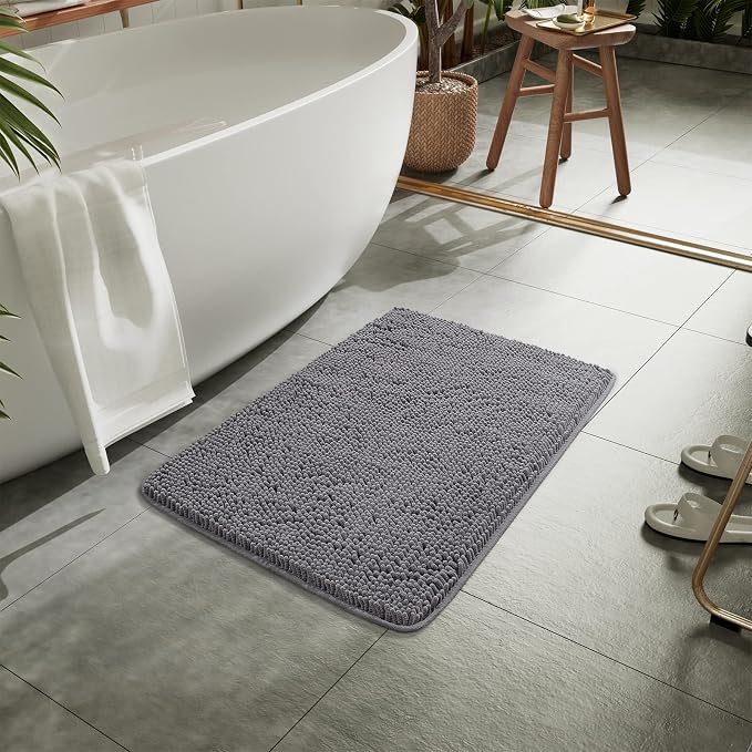 LOCHAS Luxury Bathroom Rug Shaggy Bath Mat 20 x 30 Inch, Gray | Washable Non Slip Bath Rugs for Bathroom Shower, Soft Plush Chenille Absorbent Carpets
