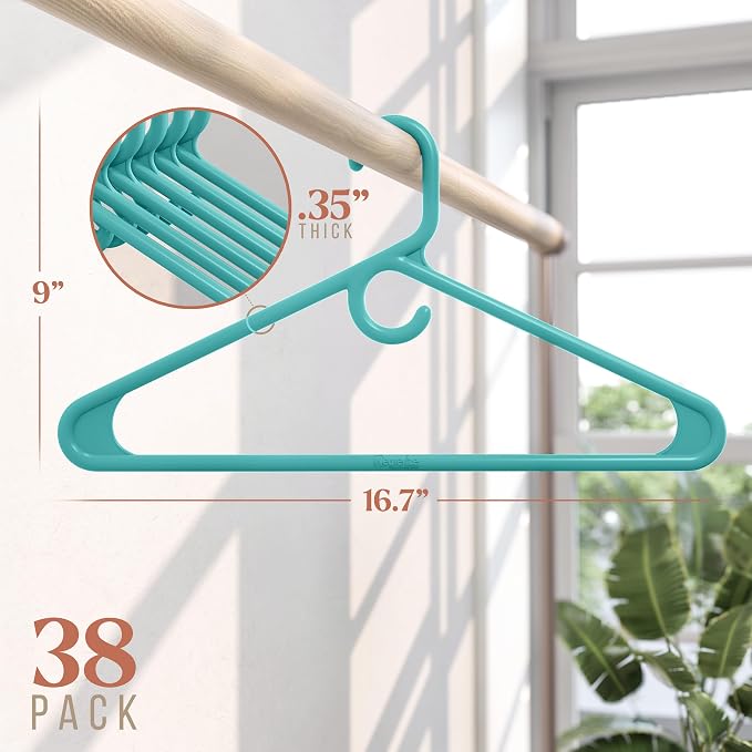 NEATERIZE Thick Heavy Duty Hangers - Aqua Plastic Clothes Hangers 38 Pack - Great for Coat Hanger, Jackets Jeans & Suit Hanger for Closet - New Apartment Essentials Percheros Ganchos para Colgar Ropa