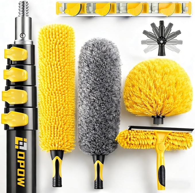 28 Foot High Ceiling Duster Kits with 24ft Heavy Duty Extension Pole, High Reach Duster for Cleaning,Microfiber Feather Duster,Cobweb Duster,Ceiling Fan Duster,Window Squeegee & Cleaner