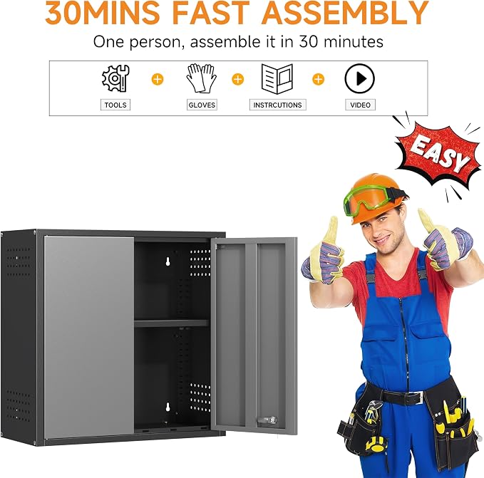 Metal Garage Wall Cabinet with 2 Doors and 1 Adjustable Shelf,Lockable Floating Tool Cabinet with Pegboard,Steel Storage Cabinet for Kitchen,Office,Garage,Laundry,Warehouse(Black&Gray, 26"H)