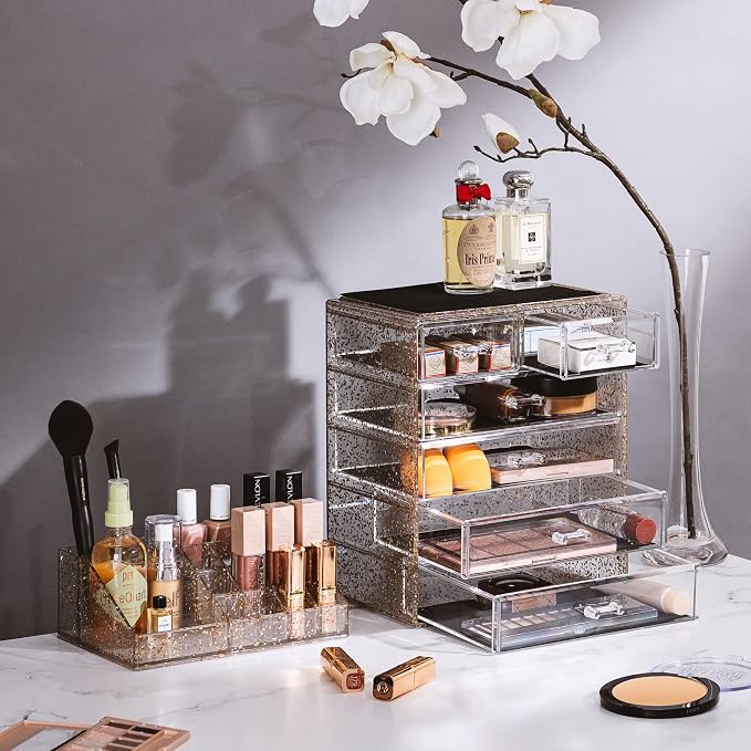 Sorbus Acrylic Makeup Organizer Set, 6-Drawer Vanity & Countertop Cosmetic Storage with Small & Wide Compartments, Glitter Makeup Storage for Brushes, Jewelry – Holiday Gift for Women & Teens