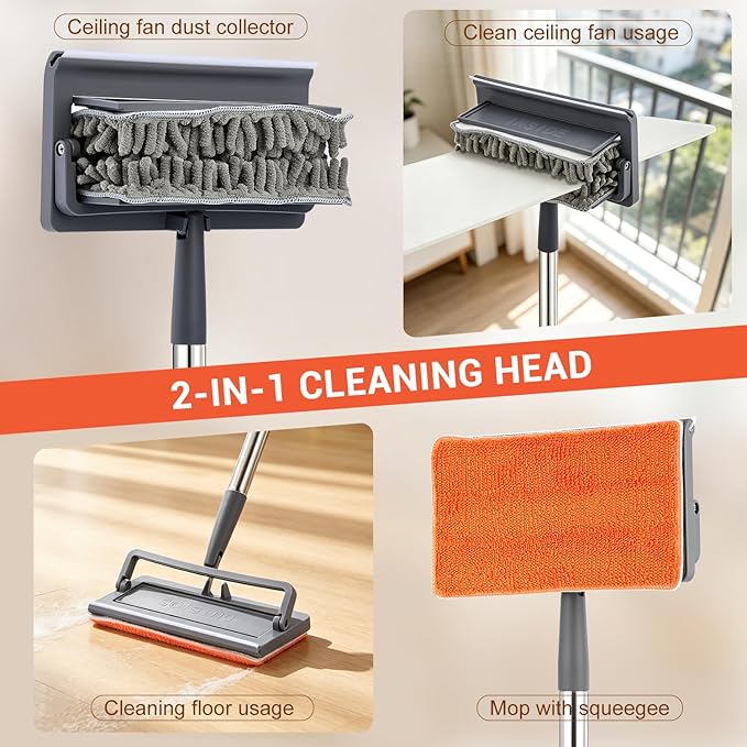76 Inch Ceiling Fan Cleaner with Long Handle, 360° Fan Blade Cleaner, High Ceiling Duster Cleaning Kit with Cobweb Brush, Chenille and Microfiber Duster for Blinds, Walls and Light Fixtures