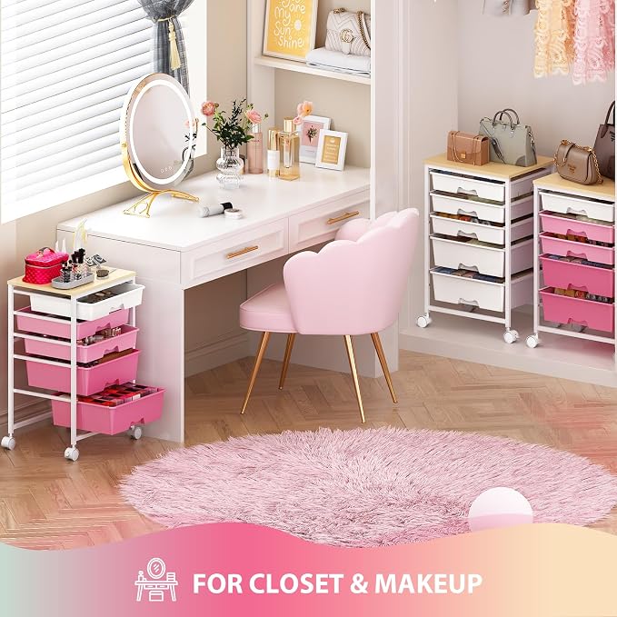 Goovilla Rolling Cart with 5 Drawers for Craft, Art, Dorm, Office, Pink | Utility Cart Organizer With 5 Removable Drawers and Wooden Tabletop, Lockable Rolling Storage Organizer for Classroom, Home